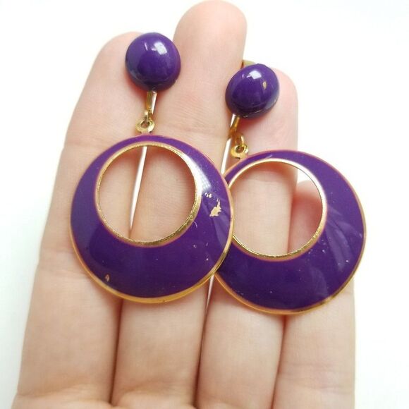 Vintage Purple Enamel Dangle Door Knocker Clip On Earrings, Retro 80s Style - Picture 6 of 6